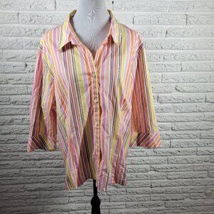 Liz Claiborne Womens Top 22W 3/4 Sleeve Collar Orange Stripe Cotton Blend STR29X